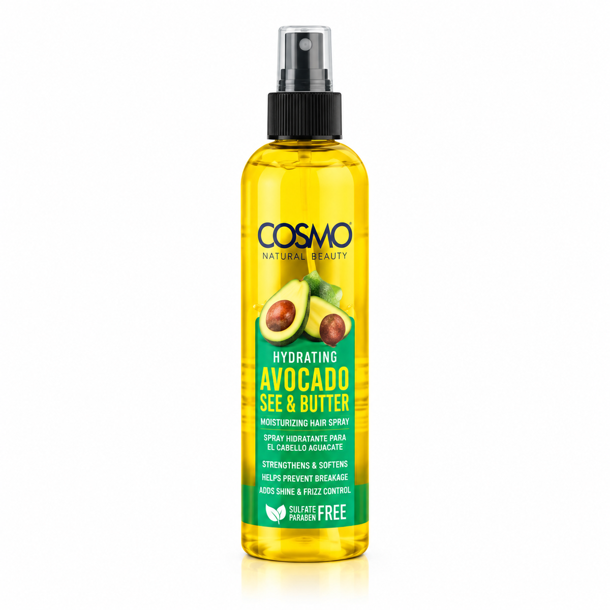 Spray capilar hidratante Avocado & Shea Butter de Cosmo 250 ml, con aguacate y manteca de karité para suavizar el cabello, aportar brillo y controlar el encrespamiento.