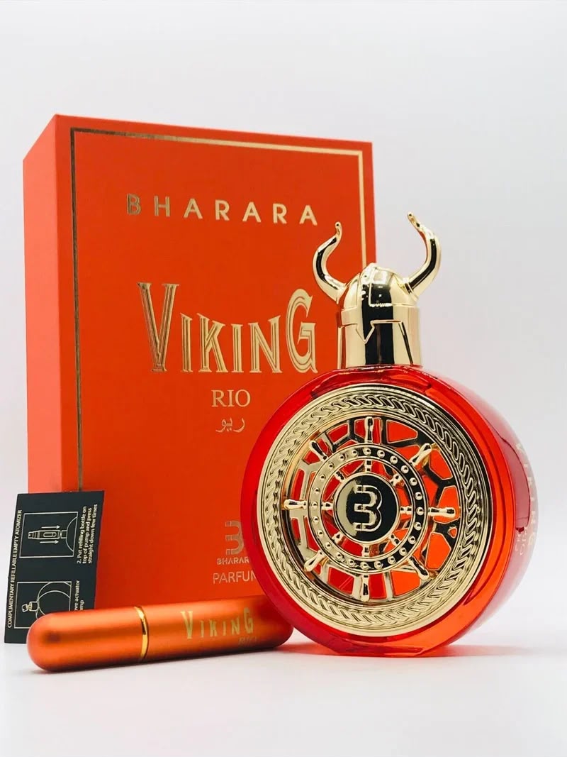 Perfume Viking Rio de Bharara unisex con notas de avellana, cacao, cedro, caramelo y musgo de roble.