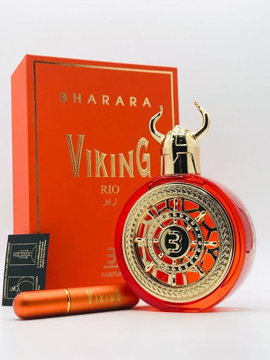 Perfume Viking Rio de Bharara unisex con notas de avellana, cacao, cedro, caramelo y musgo de roble.